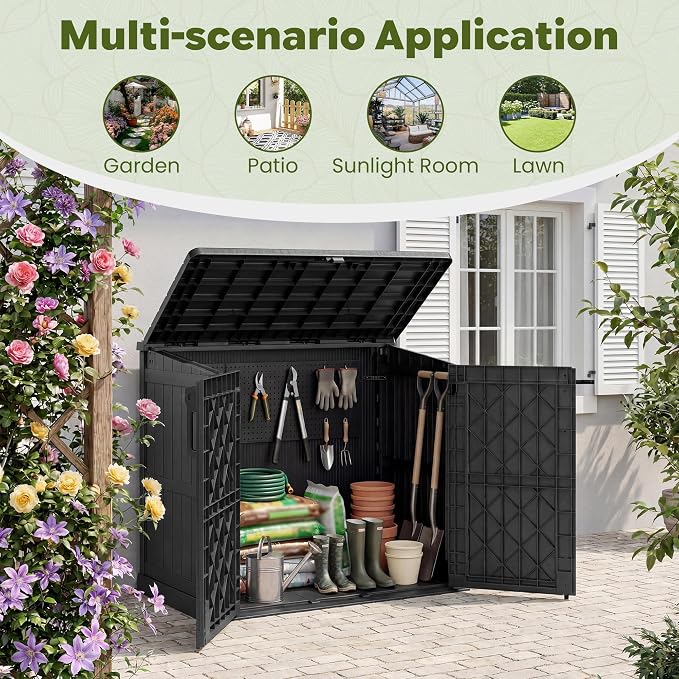 LHBcraft 36 Cu Ft Outdoor Storage Cabinet, Horizontal Resin Storage Shed Box for Backyards, Patios, Portable Waterproof Outdoor Storage Box with Lockable Doors