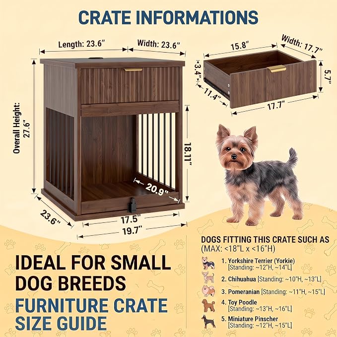 23.6" Small Dog Crate End Table with Charging Station, Dogs Kennel Furniture with Tempered Glass Door and Drawer, Wooden Decorative Dog Crates for Small Medium Dogs, Walnut