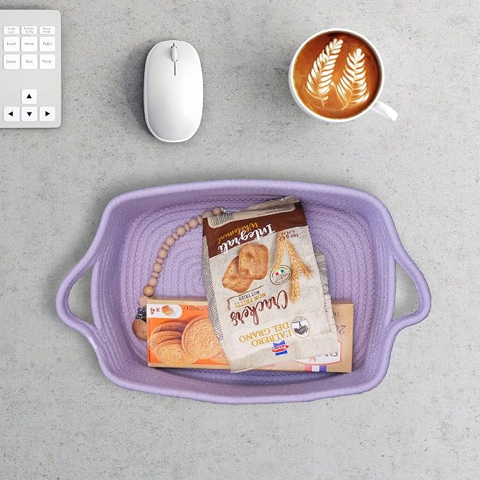 XUANGUO Medium Woven Cotton Rope Storage Basket with Handles, Light Purple | Small decorative rectangle storage bin for baby nursery items and cat toys; ideal as an empty gift basket or dog toy basket