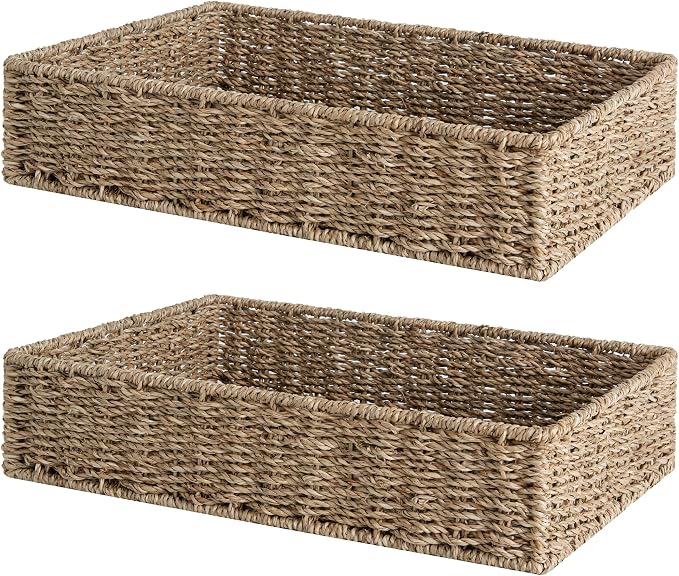 StorageWorks Large Seagrass Tray for Bathroom, Seagrass Storage Baskets for Shelves, Handwoven Natural Wicker Baskets for Organizing, 2-Pack | Handwoven Seagrass Trays for Decor & Organizing, Shallow Rectangle Wicker Tray for Coffee Table, Living Room,...