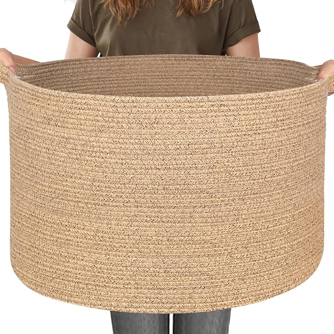 115L Extra Large Storage Basket, 23.6"x15.7" Woven Cotton Rope Basket, Giant Kids Dog Toy Bin, XXXL Boho Blanket Pillow Holder for Living Room, Brown Variegated Woven Baskets for Organizing
