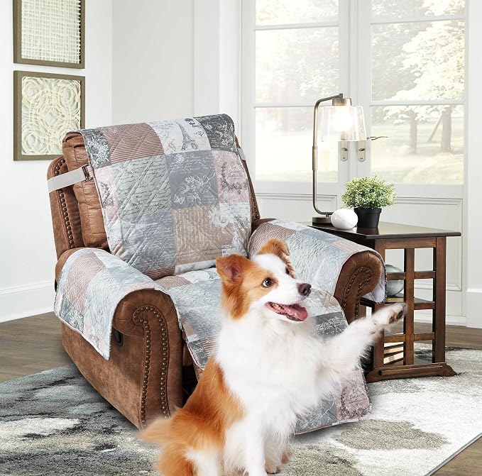 Brilliant Sunshine Latte Grey Paris & Toile Couch Recliner Cover, 28" seat | Quilted Sofa Cover, Living Room & Bedroom Furniture Protector, Large Washable Reclining Chair Slipcover for Pets, Dogs & Cats
