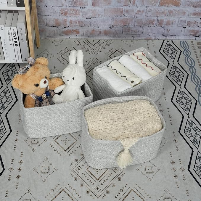 XUANGUO Woven Cotton Rope Storage Baskets 15x10x9.3" 3 Pack Grey | Decorative rectangular storage baskets for shelves and closets; storage bins organize clothes, toys, books and nursery items.