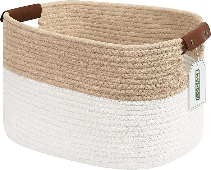 ECDYQXVU 15x10x9 Woven Cotton Rope Storage Basket, Leather Handles 1 Pack | Foldable Design, Sturdy PU Handles, Easy to Clean Organizer for Living Room, Closet, Shelves, Bedroom, Laundry, Clothes