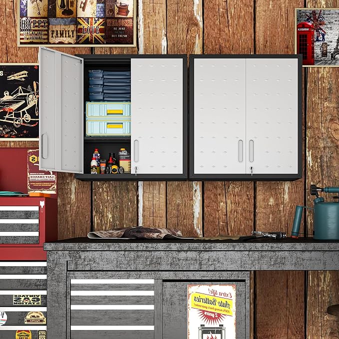 Metal Storage Cabinet for Garage, Tool Cabinet, Utility Cabinet | Wall Mounted, Hanging Tool Cabinet, Lockable, 2 Doors, Adjustable Shelves, Assembly Required, Black & Grey