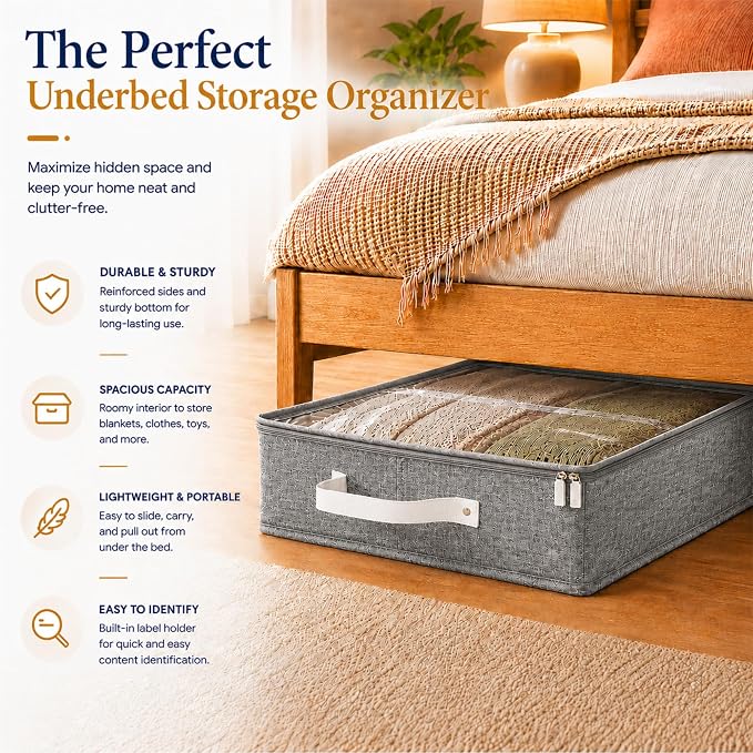 HOMELUX THEORY Under Bed Storage, Low Profile 2pc with Lid, Light Gray | Slim fit for low-clearance beds & couches, Fits seasonal clothes, blankets & shoes, Bins with lids, Space-saving storage