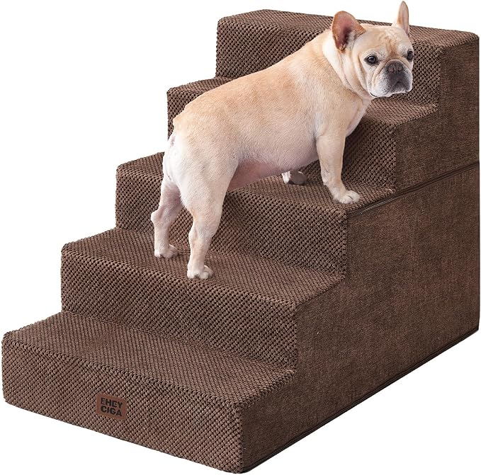 EHEYCIGA Dog Stairs for High Bed 25" H, Extra Wide Dog 5-Step, Brown | Pet Steps for Small Dogs and Cats for Bed, Non-Slip Balanced Pet Ramp Indoor