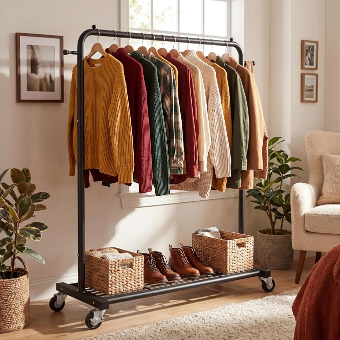 Sywhitta Metal Clothing Rack on Wheels with Mesh Shelf, for Clothes,Black | Rolling Garment Rack for Hanging Clothes, Coats, Skirts, 39.76" L x 16" W x 63.78" H,Space-Saving Mobile Organizer for Closet