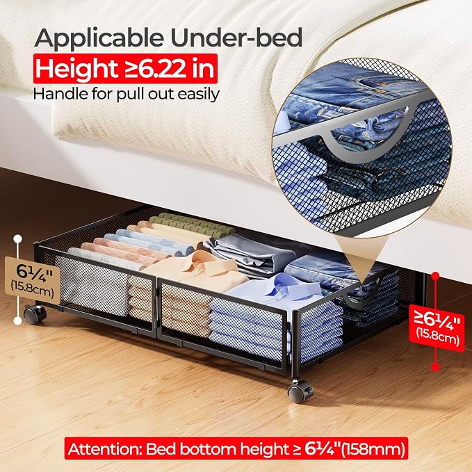 Yecaye Under Bed Storage with Wheels, 4 Pack Under Bed Shoe Storage, Black | Sturdy All-Metal Frame, Foldable, 360° Rolling Wheels, Tool-free Assembly, Underbed Storage Drawers for Shoes, Toys, Clothes