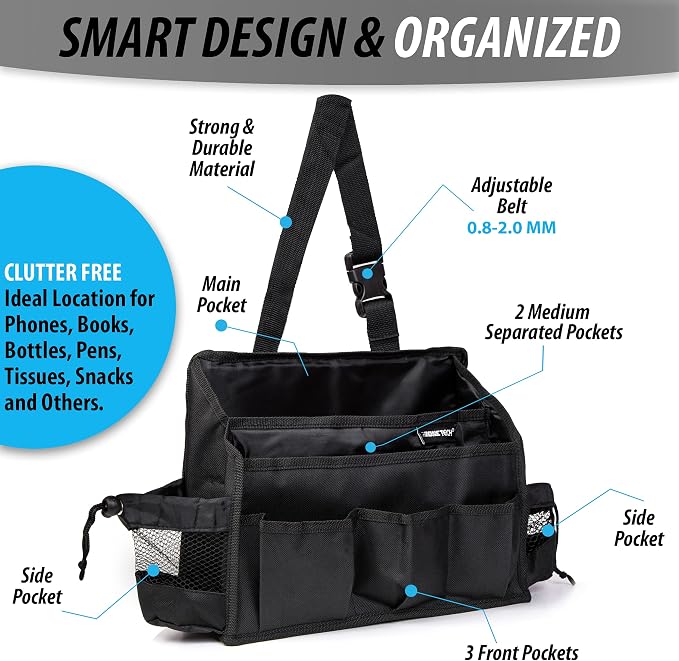 ZONETECH Multi-Pocket Organizer - Classic Black Durable Rugged Pack Cloth Premium Quality compact Car Seat Driver Headrest Organizer