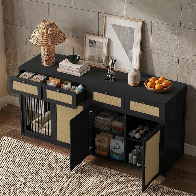PureCozy 2-Piece Dog Crate Furniture, Left, 80 Inch, Black Oak | Left-unit kennel with metal sliding door plus cane storage cabinet and 4 total drawers; furniture-style indoor console.