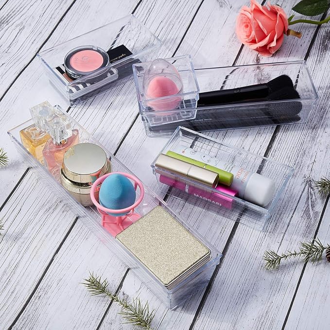 DCA 14 PCS Clear Plastic Drawer Organizer Tray, 4 Sizes Vanity Trays | Makeup, Kitchen & Gadgets | Jewelry Storage | Customizable dividers | Easy to Clean