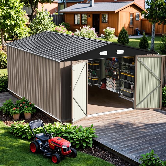 Patiowell 10x14 FT Outdoor Storage Shed, Brown | Garden Metal Shed, Lockable Doors, Sloping Roof, Large Outside Utility Tool Sheds For Backyard Garden Patio