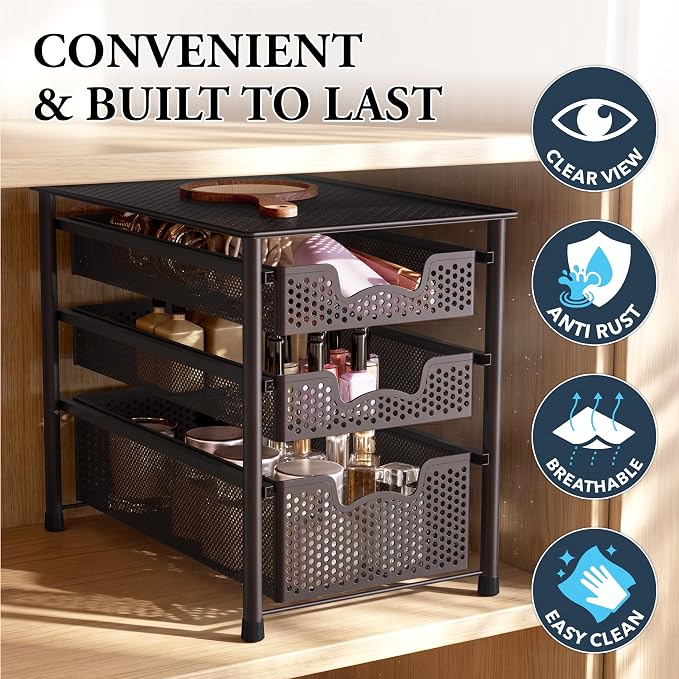 Simple Houseware Stackable 3 Tier Sliding Basket Organizer Drawer, Bronze