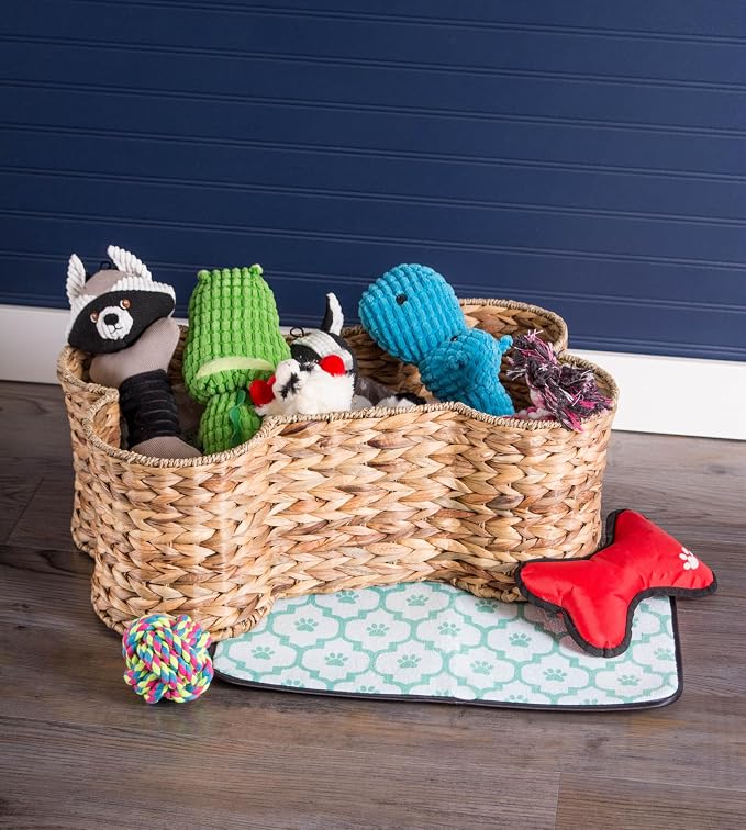 Bone Dry Pet Storage Collection, Bone Shape Hyacinth Toy Basket, Natural, Medium - 21x13x8"