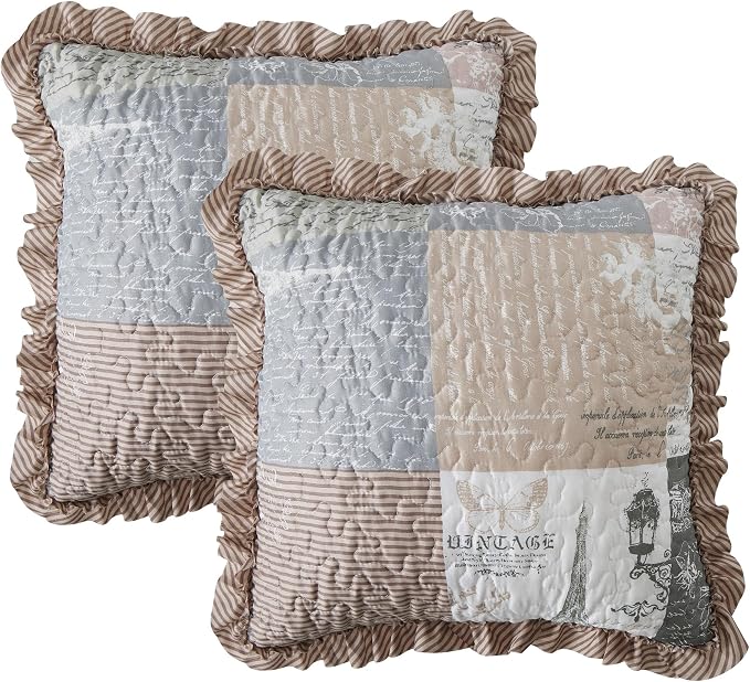 Brilliant Sunshine Latte Grey Paris & Toile Ruffle Pillowshams Set, 18"x18" | Patchwork Design with Ruffles, Quilted Pillow Covers, Washable Throw Cushion Cases for Couchs and Beds, Pack of 2