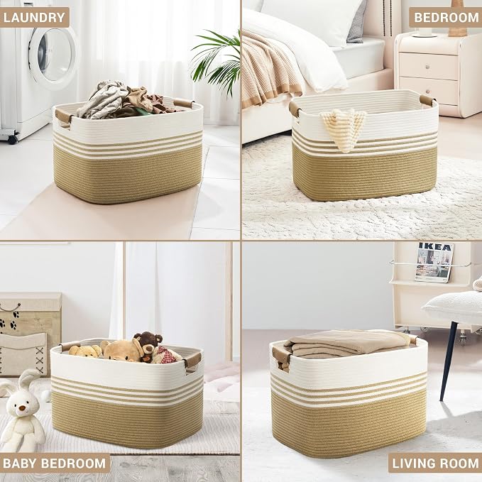 86L Large Woven Laundry Basket Hamper with Leather Handles,Khaki | collapsible wicker hamper, storage for dirty clothes, toys, blankets, gifts, living room, bedroom, bathroom, 24"x16"x14"