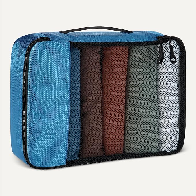 Amazon Essentials 4-Piece Packing Cubes Travel Accessories Set, Luggage Organizer with Double Zipper, Mesh Top, Space-Saving, Medium, Sky Blue (Previously Amazon Basics)