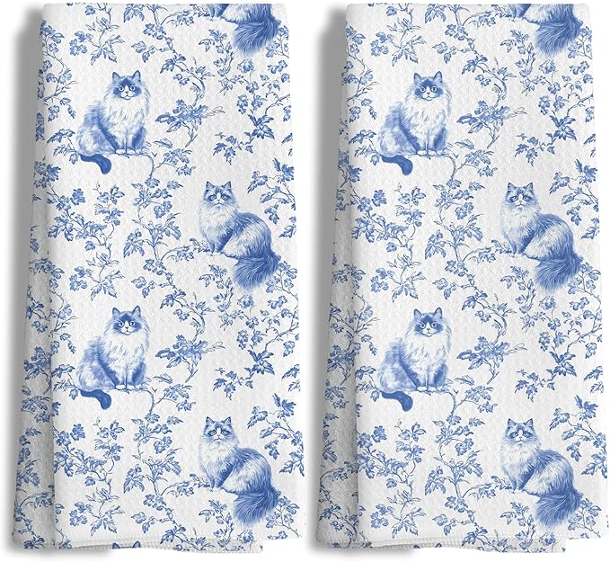 Chinoiserie Floral Ragdoll Kitchen Towels Set of 2,Blue and White Cat Decor Kitchen Dish Tea Towels Bathroom Gifts for cat Lovers Women Men,16x24 Inch