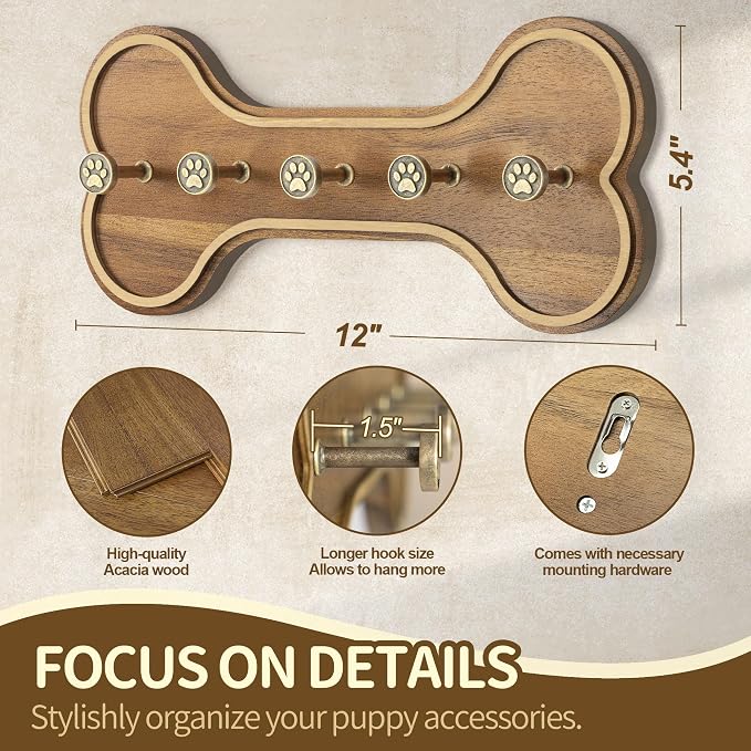 MTERSN Acacia Wood Dog Leash Holder Wall Mount with 3D Paws Hooks, Brown | Dog Bone Shape Dog Leash Holder for Wall, Key Holder Wall Mount, Cute Stuff for Pet Lover Gifts, Leash and Key Holder