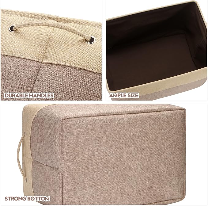 Sea Team Oversized Rectangle Canvas Open-Top Storage Baskets, 3-Pack | Collapsible Fabric Storage Bins with Handles, Closet Shelf Organizers, 22 x 15 x 13 Inches, Tan & Beige