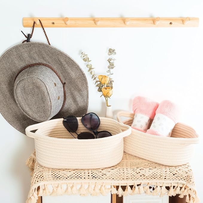 5-Piece Storage Baskets for Organizing, Small Woven Rope Baskets for Storage and Shelves, Dog Cat Toy Basket Box, Pantry Bathroom Organization Bins, Nightstand Organizer, Beige