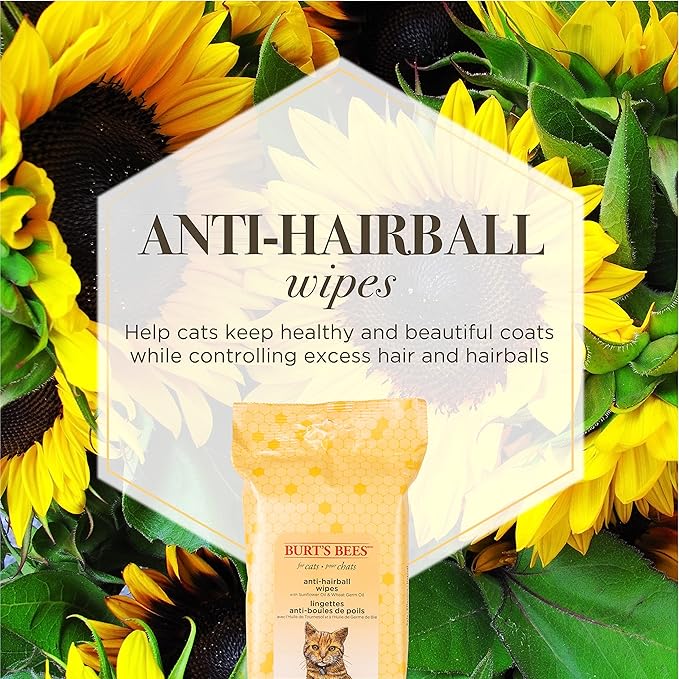 Burt's Bees for Pets Anti-Hairball Wipes for Cats, Sunflower Oil and Wheat Germ Oil, 98% Natural Origin, Cruelty-Free Cat Hairball Remedy Wipes, pH Balanced, Made in the USA, 50 Count