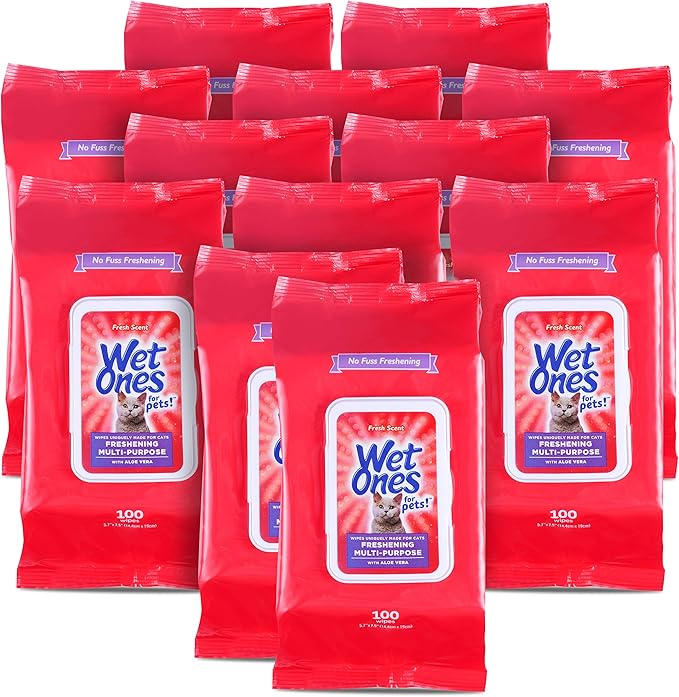 Wet Ones for Pets Freshening Multipurpose Cat Wipes with Aloe Vera, Fresh Scent - Easy to Use Cat Freshening and Grooming Wipes with Wet Lock Seal, 100 Count - 12 Pack