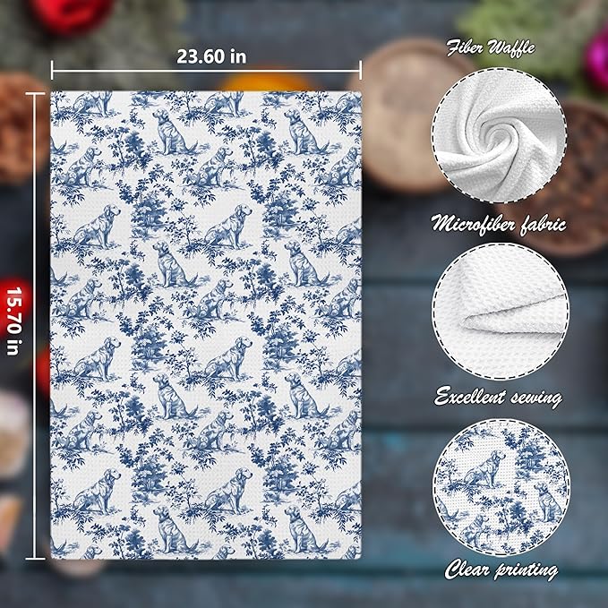 Chinoiserie Golden Retriever Kitchen Towels, Golden Retriever Gifts Decorative Dish Tea Towels, Blue and White Floral Grandmillennial Botanical Dog Hand Towels for Kitchen Bathroom, 16x24 Inch