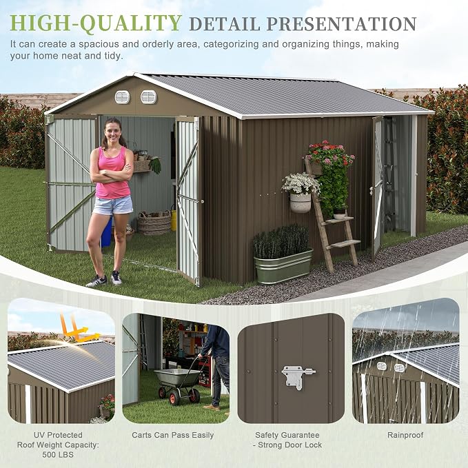 10x12 FT Metal Storage Shed, Large Storage Shed with Lockable Doors and Sloped Roof, Outdoor Tool Shed with Ample Ventilation for Garden, Lawn, Backyard, Coffee