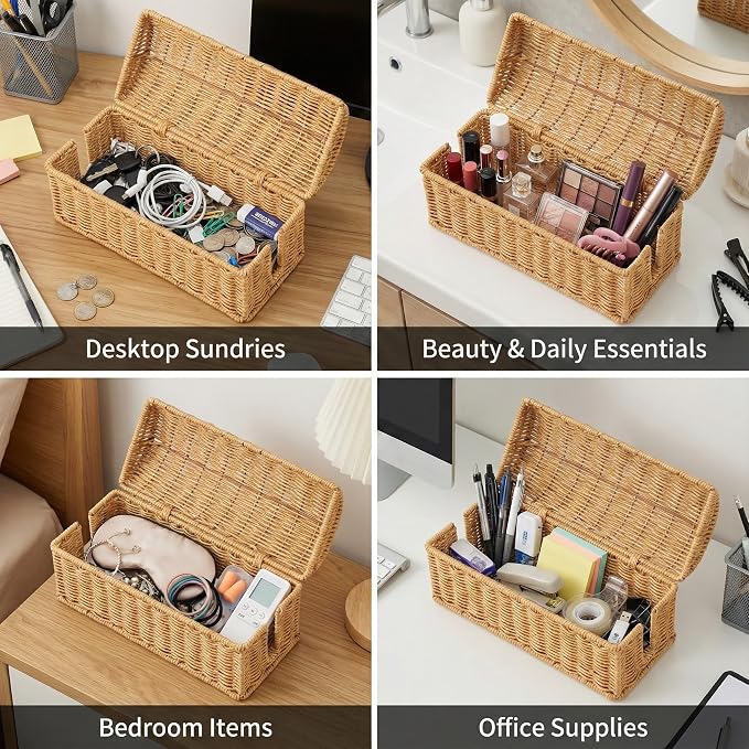 Rattan Cable Management Box, Ventilated Cord Hider with Flip Lid
