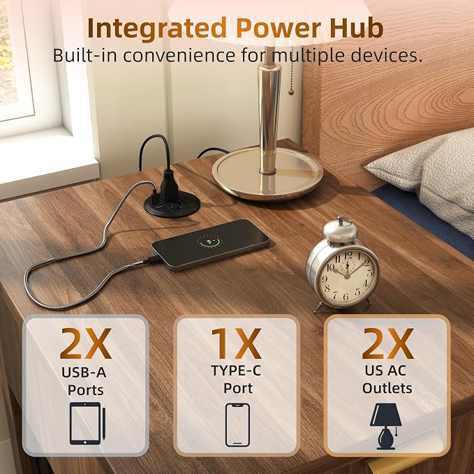23.6" Small Dog Crate End Table with Charging Station, Dogs Kennel Furniture with Tempered Glass Door and Drawer, Wooden Decorative Dog Crates for Small Medium Dogs, Walnut