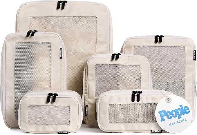 Compression Packing Cubes for Travel, 6-Pack, Beige | Solves overpacking, 6-Piece set fits most suitcases, 50% Space savings, Compression luggage organizer bags