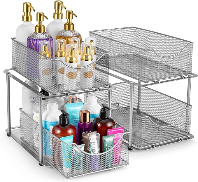 Sorbus Pull-Out Under Sink Organizer, Mesh Construction (Silver, 2 Pack) | Two-tier metal organization with strong steel and sliding drawers for bathrooms, kitchens, cabinets, closets and pantries.
