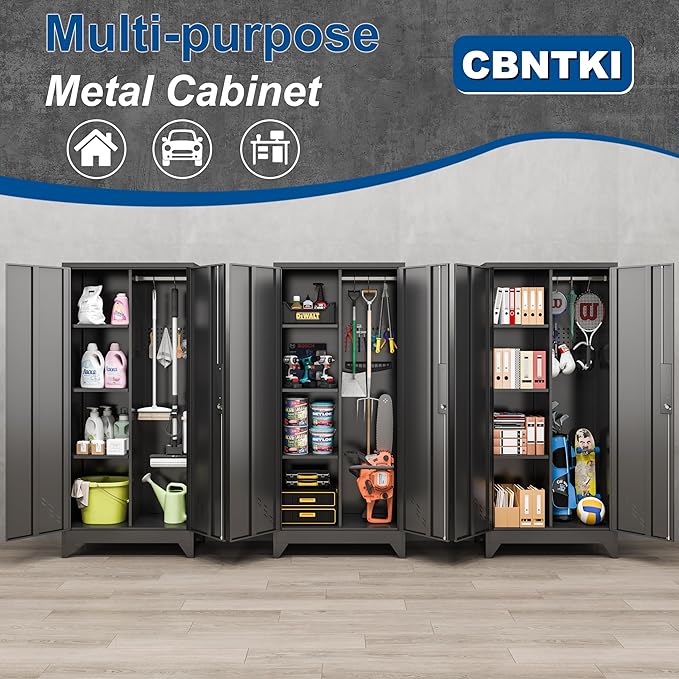 Metal Garage Storage Cabinets with Lock, Cabinet with Pegboard & Hanging Rod, Broom Closet Storage Cabinets, Black Lockable Steel Tool Cabinet for Home,Garage,Utility Room