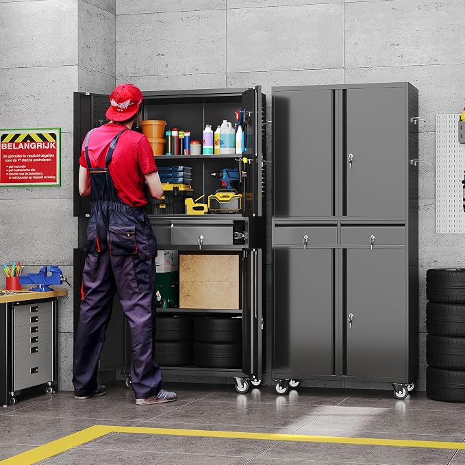 Garage Storage Cabinet with Wheels and 2 Drawers, 71" H Locking Metal Storage Cabinet with Pegboard Doors and 2 Adjustable Shelves for Garage, Warehouse, Home, Black, Assembly Required