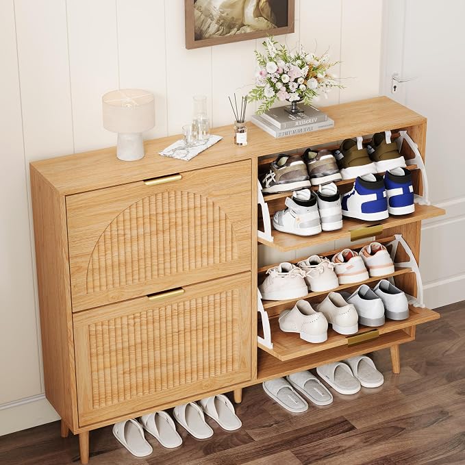 Shoe Storage Cabinet with 4 Flip Drawers, Narrow Wood Shoe Organizer Cabinet with Fluted Panel, Slim Shoe Rack for Entryway, Freestanding Shoe Cabinet for Living Room, Hallway, Wood Color