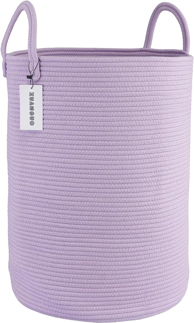 XUANGUO Rope Laundry Basket Hamper for Clothes Large Purple Lavender | Baby Nursery Hamper Bin and Woven Storage Basket for Living Room Bedroom Boho Tall Rope Baskets Blankets Toys Pillows Towels