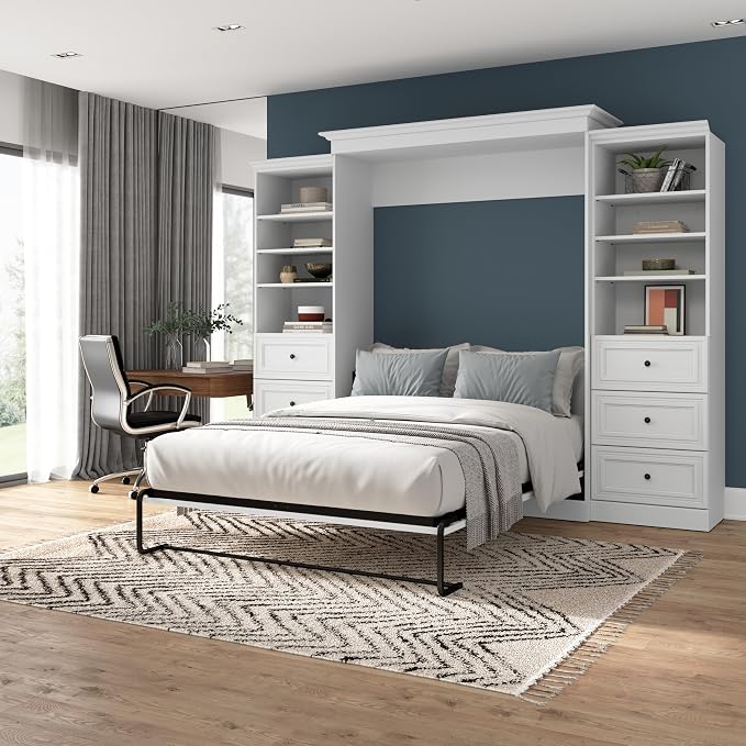 Bestar Queen Murphy Bed with 2 Closet Organizers, White, Versatile, 115W | 2 Closet Organizers with Drawers; supports up to 1000 lb; min. ceiling height 92 in.; dual piston mechanism; 10-year warranty