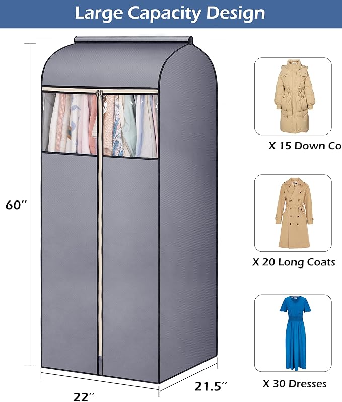 SLEEPING LAMB 60'' Hanging Garment Bags for Closet Storage Sealed Completely Jackets Coats Suits Clothes Rack Cover for Wardrobe with Clear PVC Window, 2 Packs, Grey (Hanging Rod Not Included)
