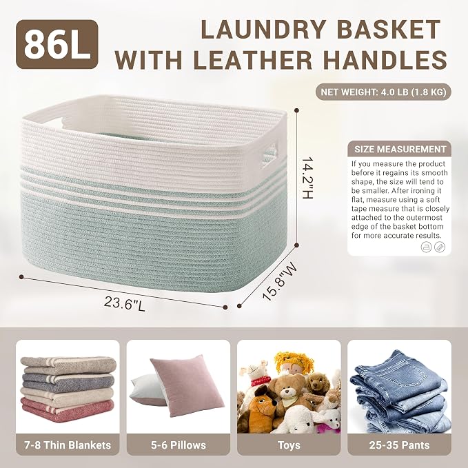 86L Large Woven Laundry Basket Hamper with Handles, Green | collapsible wicker hamper, storage for dirty clothes, toys, blankets, gifts, living room, bedroom, bathroom, 24"x16"x14"