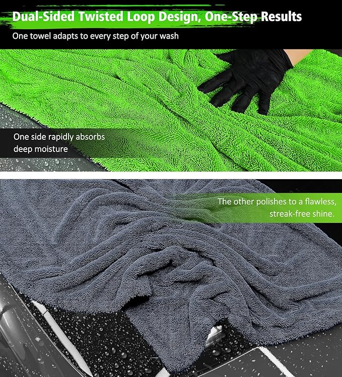YeewayVeh 'Agile Giant' Car Drying Towel, 28x36 Inch Quick Car Wash Drying Towels, 1400 GSM Super Absorbent, Double Sided Microfiber Towels for Cars Effortless & Scratch-Free Detailing, Green