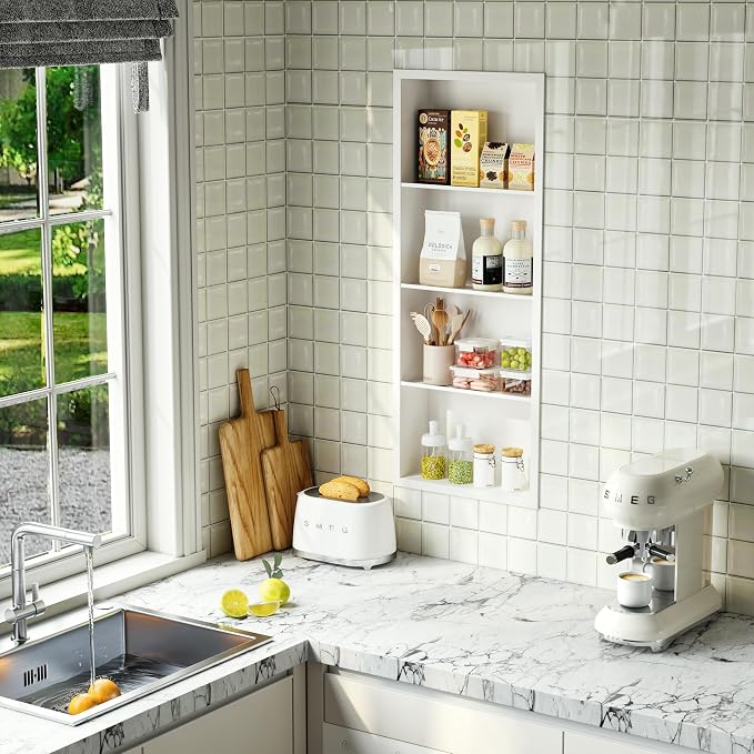 Qeke 14x 36 Medicine Cabinet Recessed with 4-Tiers Shelves, Matte White | 304 Stainless Steel Medicine Cabinet without Mirror, No Tile Needed Wall Niche for Bathroom Storage, Space Saving & Durable