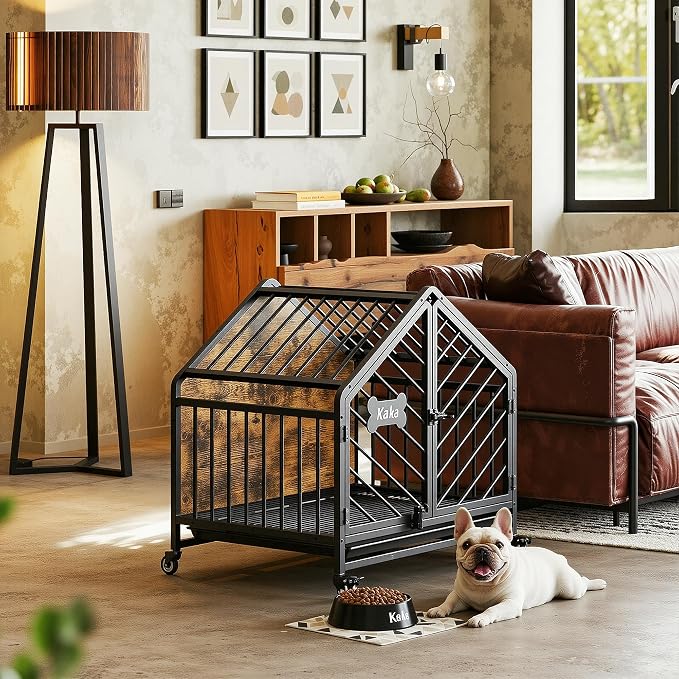 IRONCK 27.6" Dog Crate Furniture with Pull-Out Tray and Wheels | Roof-shape frame. 4 wheels and pull-out tray. Bone name tag. For small medium dogs.