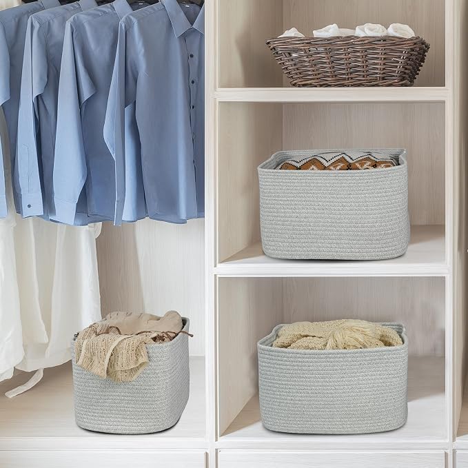 XUANGUO Woven Cotton Rope Storage Baskets 15x10x9.3" 3 Pack Grey | Decorative rectangular storage baskets for shelves and closets; storage bins organize clothes, toys, books and nursery items.