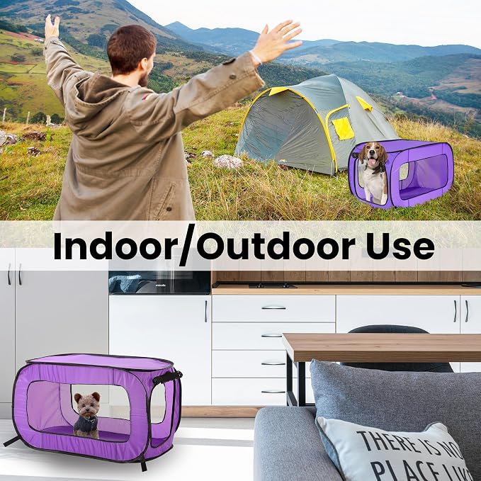 Portable Collapsible Pop Up Kennel, 32.5" L x 19.5" W x 19.5" H, Purple | Collapsible indoor/outdoor travel cat and dog crate with mesh screen windows pops up and folds flat for easy storage