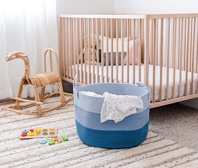 OrganiHaus Round Toy Basket & Blanket Basket, Cotton Rope 20x13" | 3-Toned Blue - Round Cotton Rope Basket, 20x13"