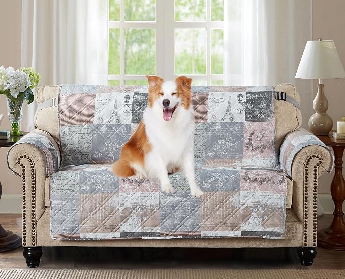 Brilliant Sunshine Latte Grey Paris & Toile Loveseat Cover, 54" seat | Quilted Sofa Cover, Living Room & Bedroom Furniture Protector, Large Washable Love Seat Slipcover for Pets, Dogs & Cats