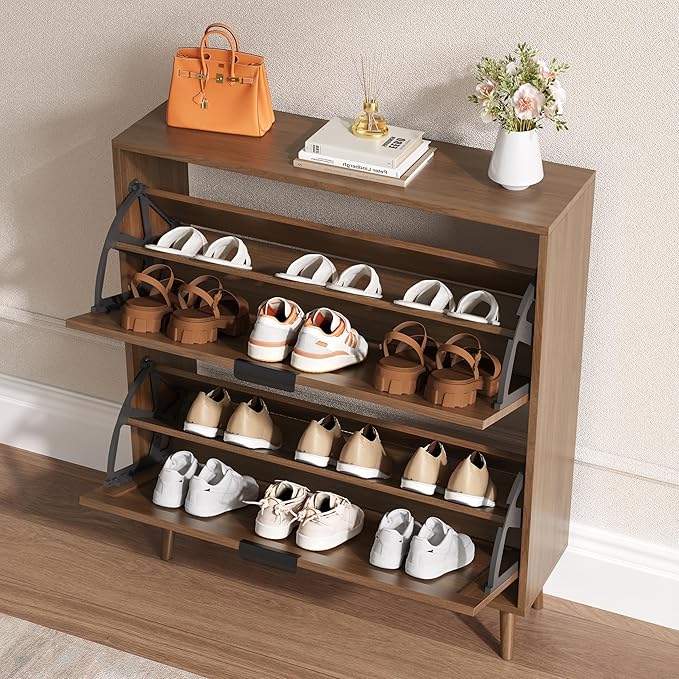 BORNOON Shoe Cabinet for Entryway with 2 Flip Drawers, Slim Wooden Shoe Storage Organizer with Modern Fluted Pannel，Freestanding Narrow Hidden Shoe Rack for Hallway, Foyer, Living Room