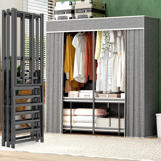 Umeiga Heavy Duty Portable Closet with Cover 1200Ibs Foldable Covered Clothes Rack for Hanging Armoire Wardrobe Closet System Freestanding Coat Storage Garment Racks 71" W x 71" H x 20" D